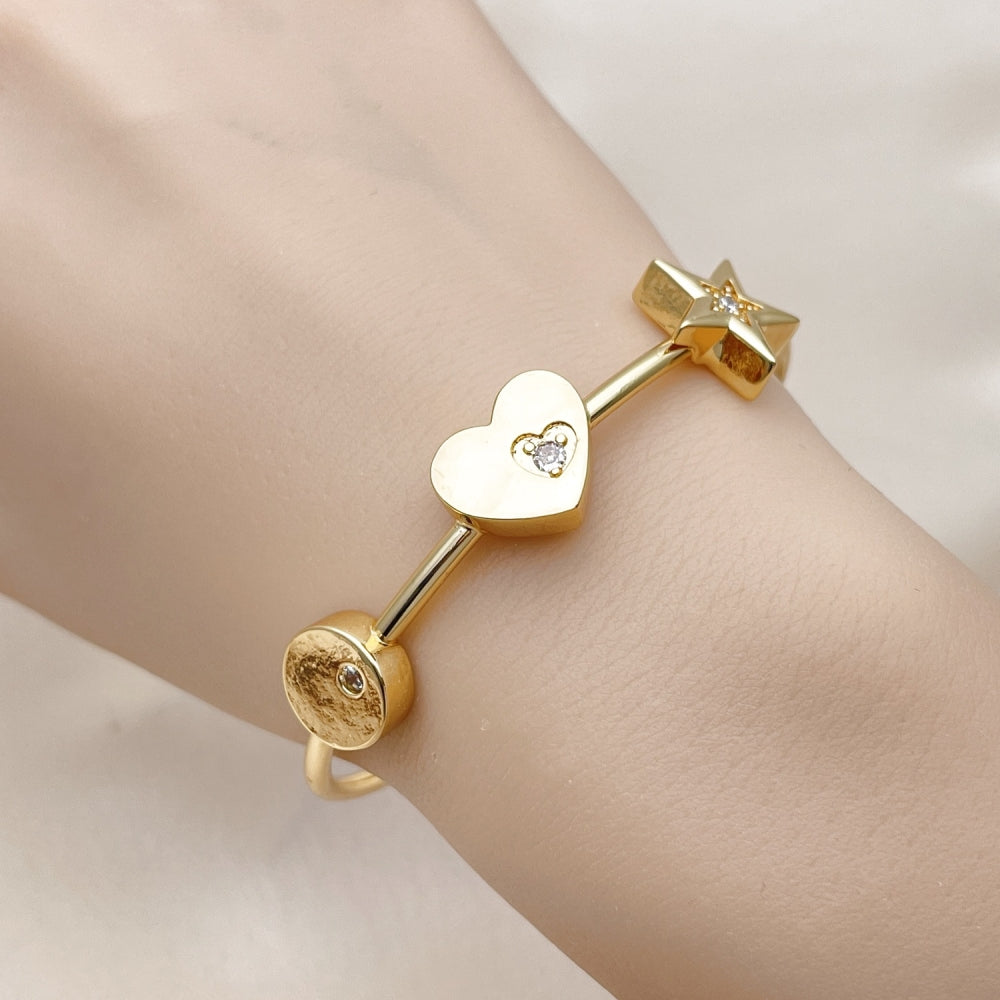 Oro Laminado Individual Bangle, Gold Filled Style Heart and Star Design, with White Cubic Zirconia, Polished, Golden Finish