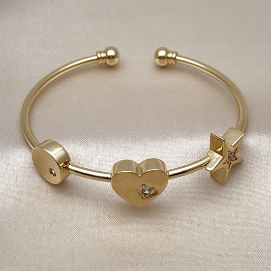 Oro Laminado Individual Bangle, Gold Filled Style Heart and Star Design, with White Cubic Zirconia, Polished, Golden Finish