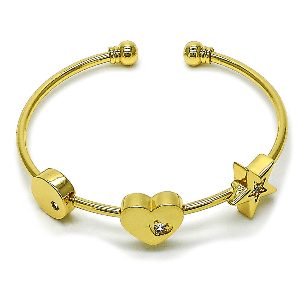 Oro Laminado Individual Bangle, Gold Filled Style Heart and Star Design, with White Cubic Zirconia, Polished, Golden Finish