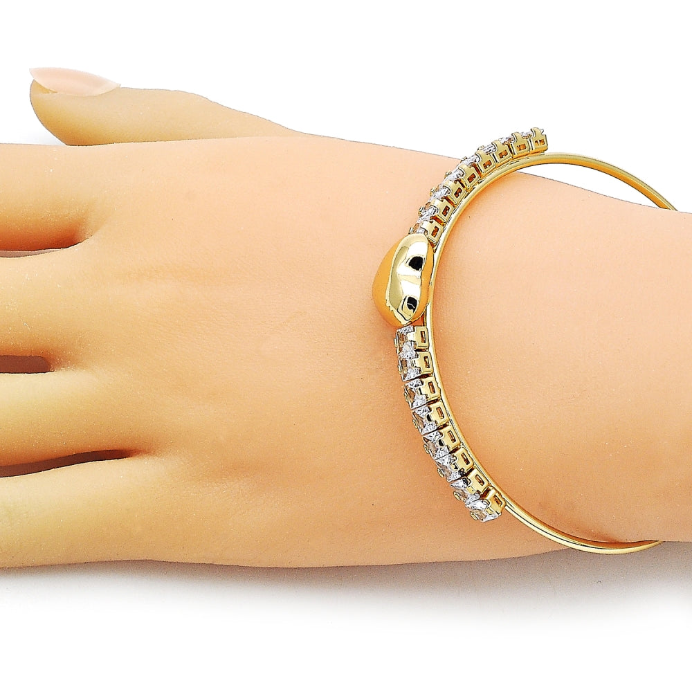 Oro Laminado Individual Bangle, Gold Filled Style Heart and Baguette Design, with White Cubic Zirconia, Polished, Golden Finish