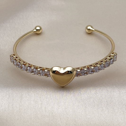 Oro Laminado Individual Bangle, Gold Filled Style Heart and Baguette Design, with White Cubic Zirconia, Polished, Golden Finish