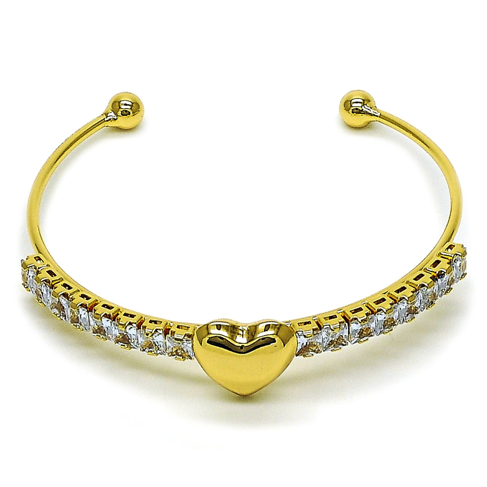 Oro Laminado Individual Bangle, Gold Filled Style Heart and Baguette Design, with White Cubic Zirconia, Polished, Golden Finish