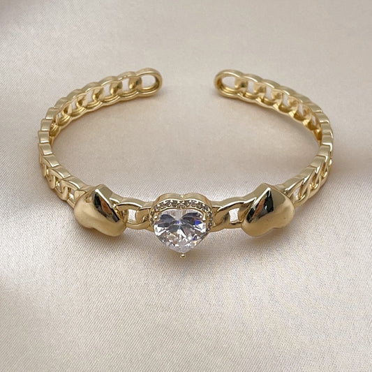Oro Laminado Individual Bangle, Gold Filled Style Heart and Cluster Design, with White Cubic Zirconia and White Micro Pave, Polished, Golden Finish