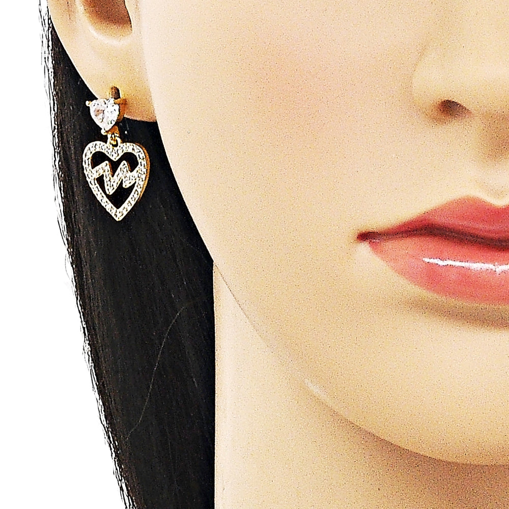 Oro Laminado Dangle Earring, Gold Filled Style Heart Design, with White Cubic Zirconia, Polished, Golden Finish