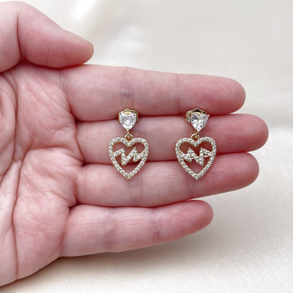 Oro Laminado Dangle Earring, Gold Filled Style Heart Design, with White Cubic Zirconia, Polished, Golden Finish