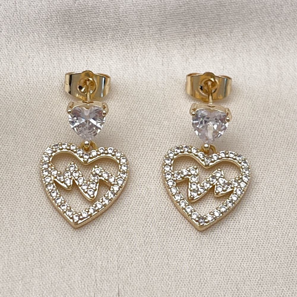 Oro Laminado Dangle Earring, Gold Filled Style Heart Design, with White Cubic Zirconia, Polished, Golden Finish