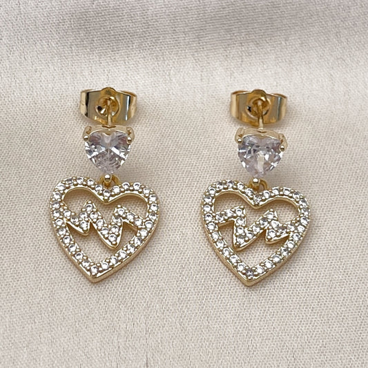 Oro Laminado Dangle Earring, Gold Filled Style Heart Design, with White Cubic Zirconia, Polished, Golden Finish