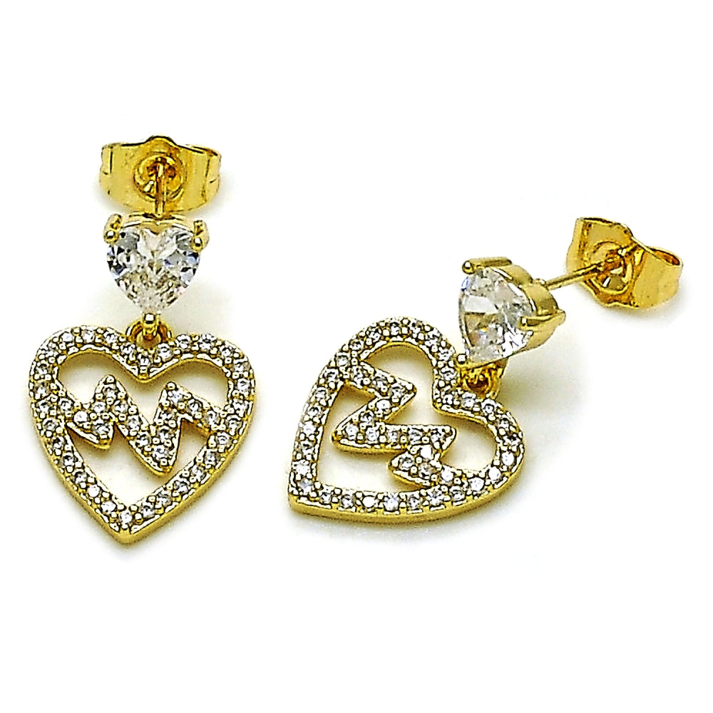 Oro Laminado Dangle Earring, Gold Filled Style Heart Design, with White Cubic Zirconia, Polished, Golden Finish
