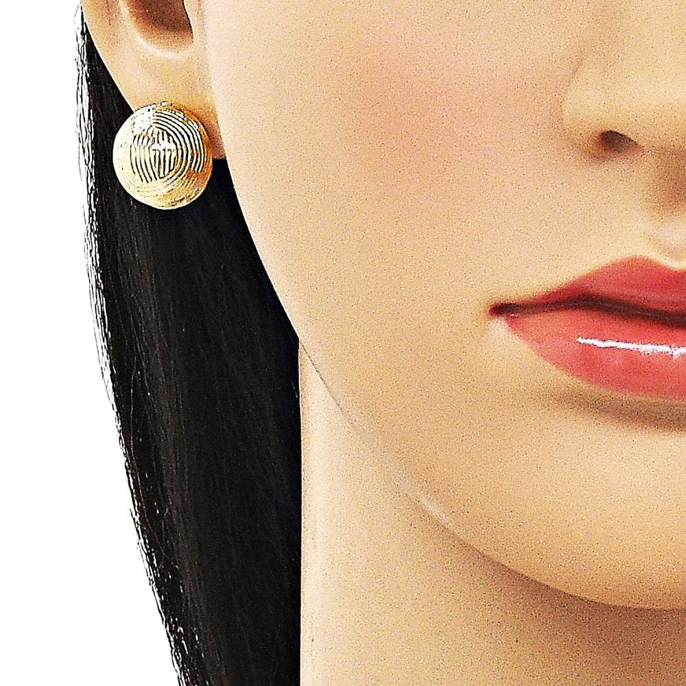 Oro Laminado Stud Earring, Gold Filled Style Ball Design, Diamond Cutting Finish, Golden Finish