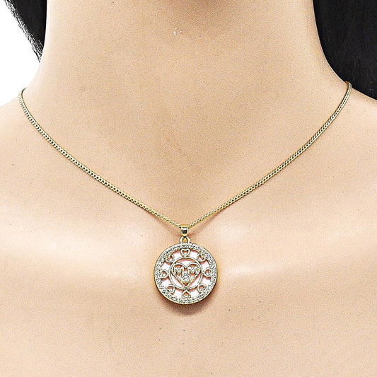 Oro Laminado Pendant Necklace, Gold Filled Style Mom and Heart Design, with Pink Mother of Pearl and White Cubic Zirconia, Polished, Golden Finish