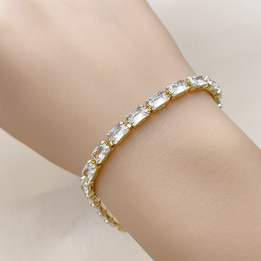 Oro Laminado Tennis Bracelet, Gold Filled Style Baguette Design, with White Cubic Zirconia, Polished, Golden Finish