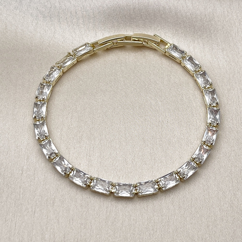 Oro Laminado Tennis Bracelet, Gold Filled Style Baguette Design, with White Cubic Zirconia, Polished, Golden Finish