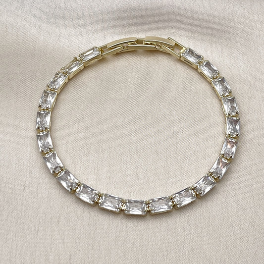 Oro Laminado Tennis Bracelet, Gold Filled Style Baguette Design, with White Cubic Zirconia, Polished, Golden Finish