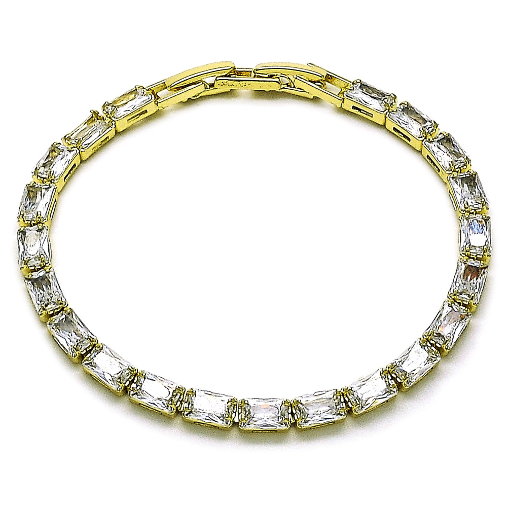 Oro Laminado Tennis Bracelet, Gold Filled Style Baguette Design, with White Cubic Zirconia, Polished, Golden Finish