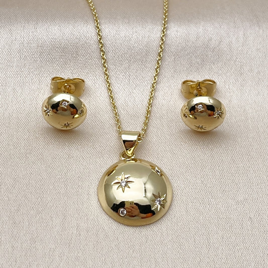 Oro Laminado Earring and Pendant Adult Set, Gold Filled Style Sun and Rolo Design, with White Cubic Zirconia, Polished, Golden Finish