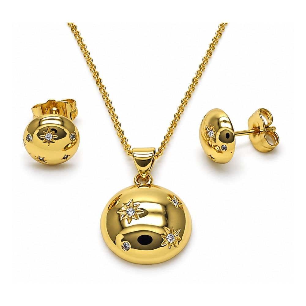 Oro Laminado Earring and Pendant Adult Set, Gold Filled Style Sun and Rolo Design, with White Cubic Zirconia, Polished, Golden Finish