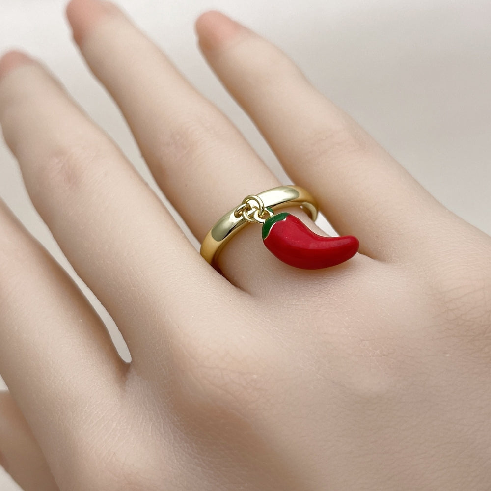 Oro Laminado Elegant Ring, Gold Filled Style Chili Design, Red Enamel Finish, Golden Finish