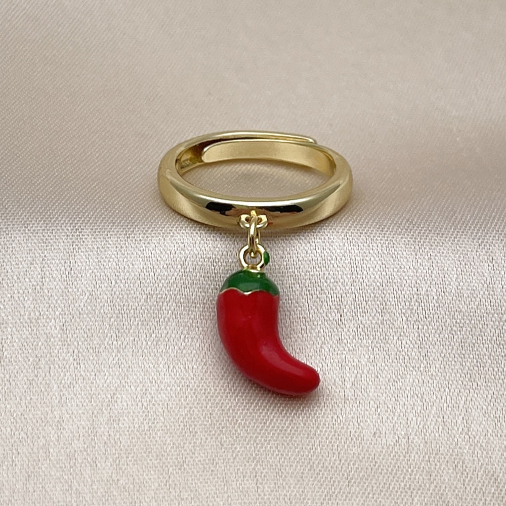 Oro Laminado Elegant Ring, Gold Filled Style Chili Design, Red Enamel Finish, Golden Finish