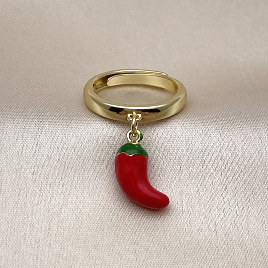 Oro Laminado Elegant Ring, Gold Filled Style Chili Design, Red Enamel Finish, Golden Finish