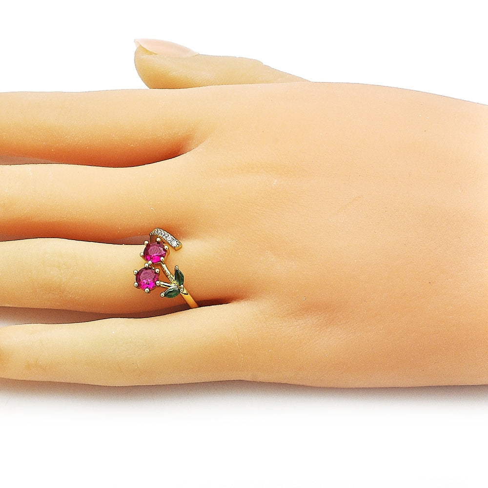 Oro Laminado Elegant Ring, Gold Filled Style Cherry Design, with Ruby and Green Cubic Zirconia, Polished, Golden Finish