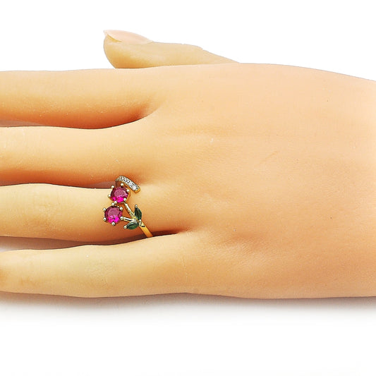 Oro Laminado Elegant Ring, Gold Filled Style Cherry Design, with Ruby and Green Cubic Zirconia, Polished, Golden Finish