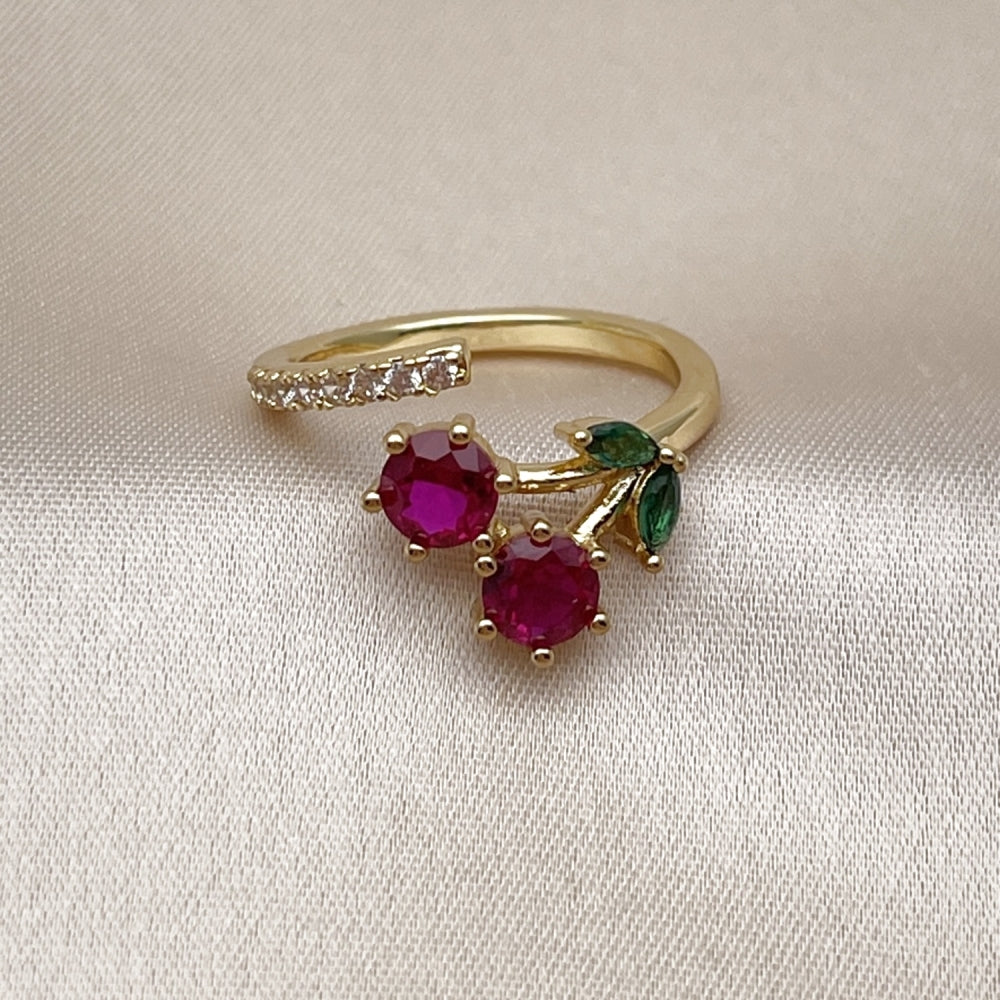 Oro Laminado Elegant Ring, Gold Filled Style Cherry Design, with Ruby and Green Cubic Zirconia, Polished, Golden Finish