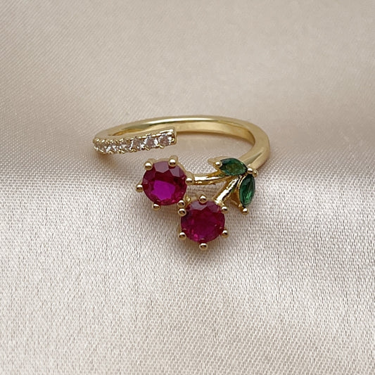 Oro Laminado Elegant Ring, Gold Filled Style Cherry Design, with Ruby and Green Cubic Zirconia, Polished, Golden Finish