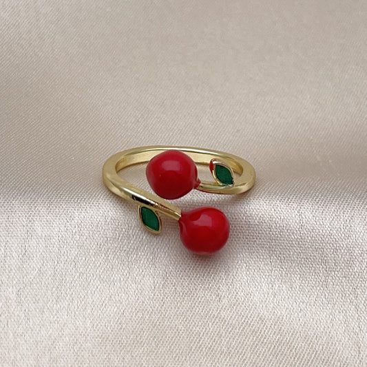 Oro Laminado Elegant Ring, Gold Filled Style Cherry Design, Red Enamel Finish, Golden Finish