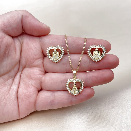 Oro Laminado Earring and Pendant Adult Set, Gold Filled Style Heart and Guadalupe Design, with White Cubic Zirconia and White Micro Pave, Polished, Golden Finish