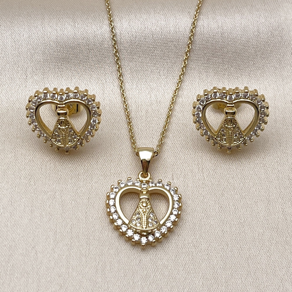 Oro Laminado Earring and Pendant Adult Set, Gold Filled Style Heart and Guadalupe Design, with White Cubic Zirconia and White Micro Pave, Polished, Golden Finish