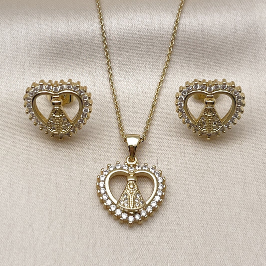 Oro Laminado Earring and Pendant Adult Set, Gold Filled Style Heart and Guadalupe Design, with White Cubic Zirconia and White Micro Pave, Polished, Golden Finish