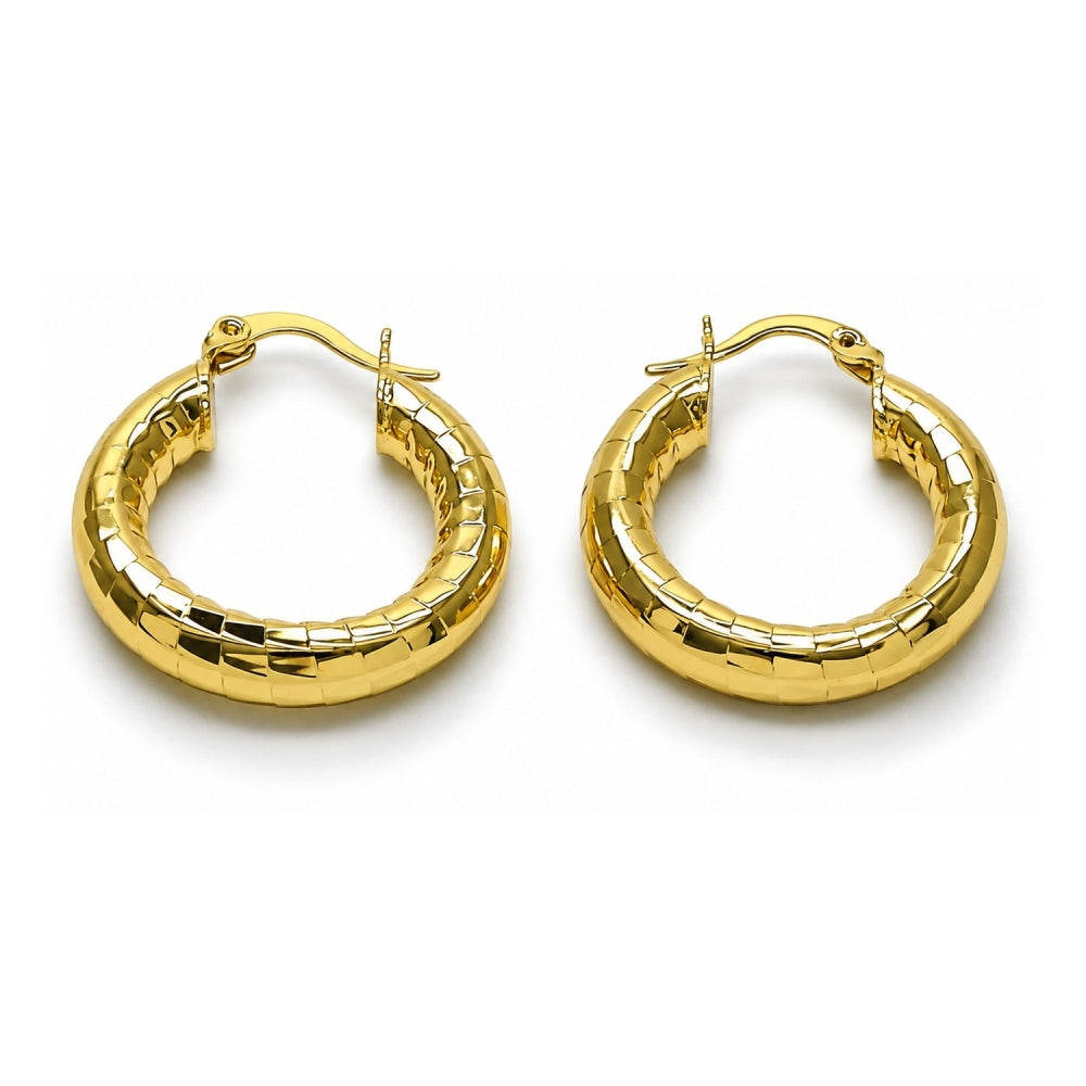 Oro Laminado Small Hoop, Gold Filled Style Hollow Design, Diamond Cutting Finish, Golden Finish