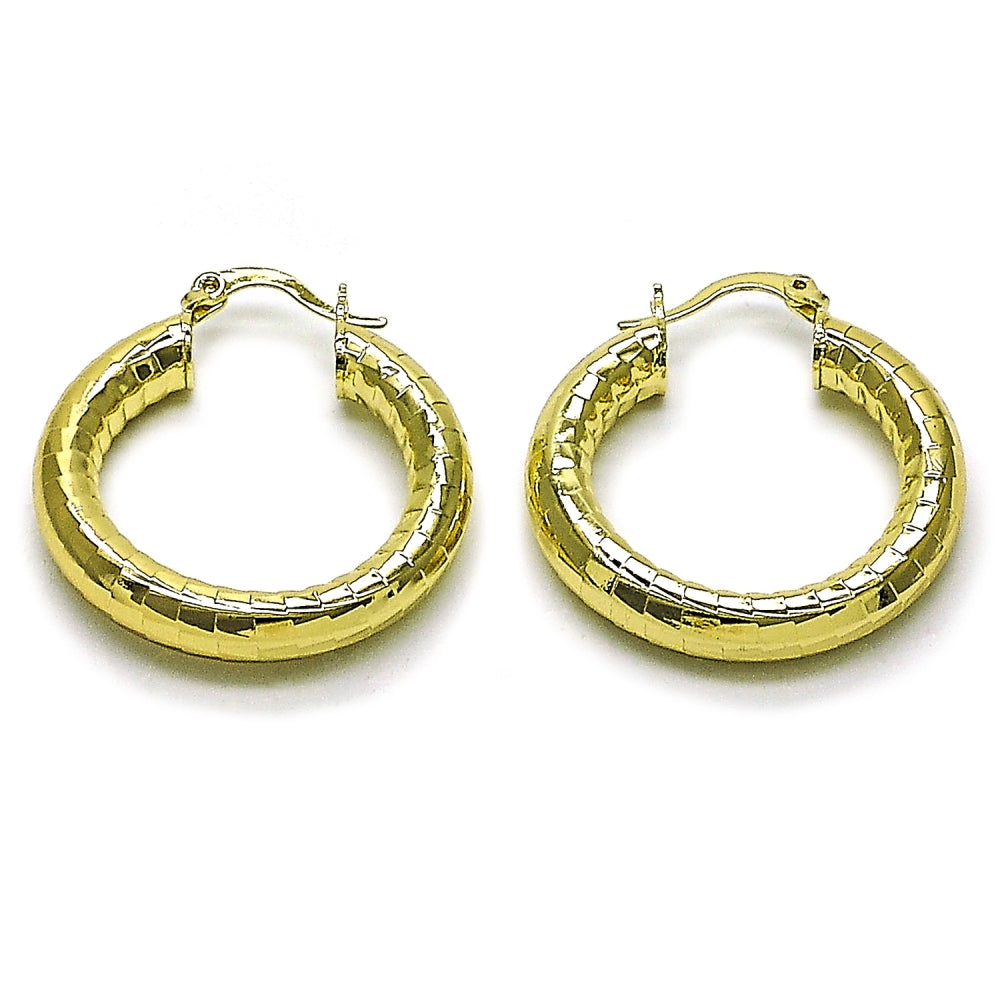 Oro Laminado Medium Hoop, Gold Filled Style Hollow Design, Diamond Cutting Finish, Golden Finish