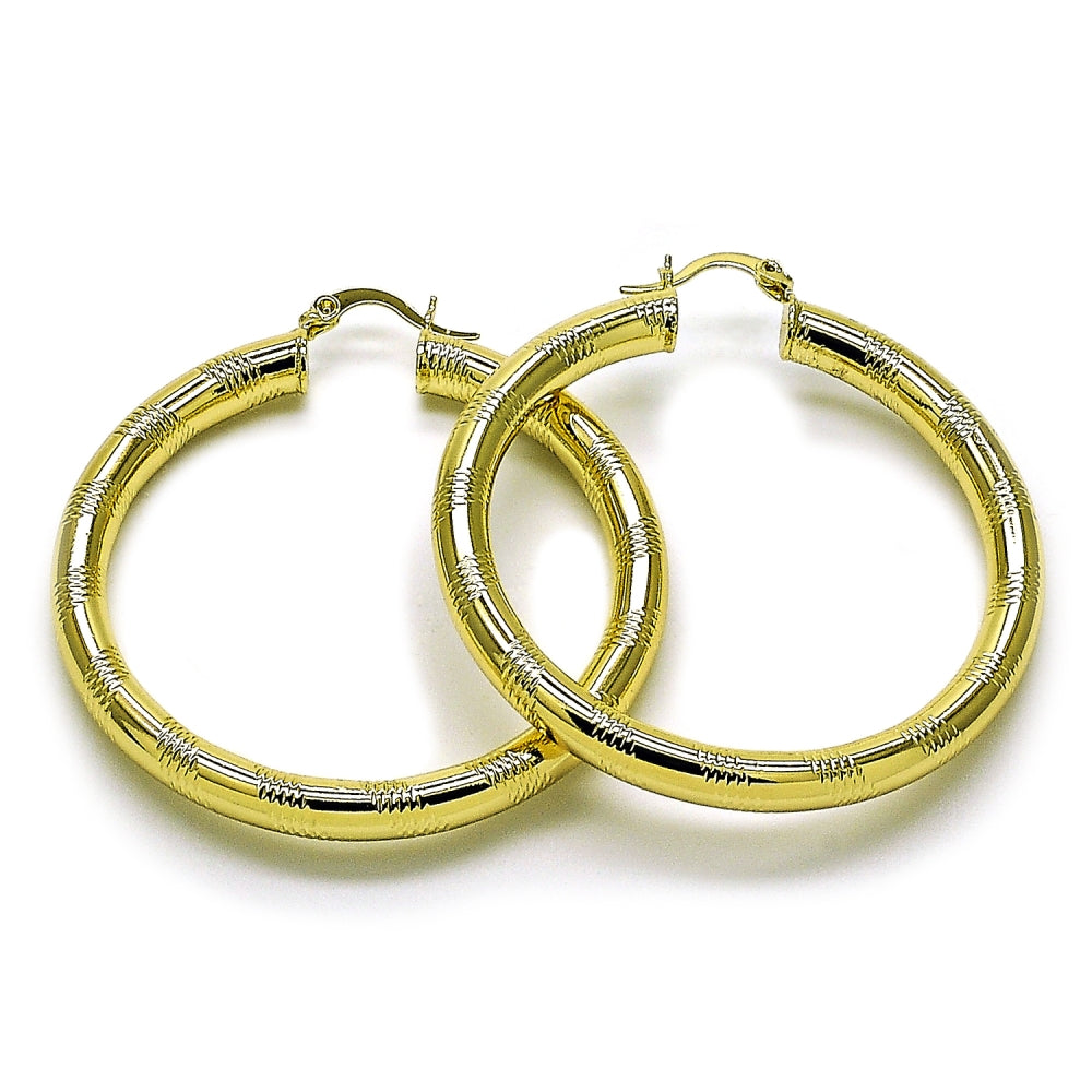 Oro Laminado Large Hoop, Gold Filled Style Hollow Design, Diamond Cutting Finish, Golden Finish
