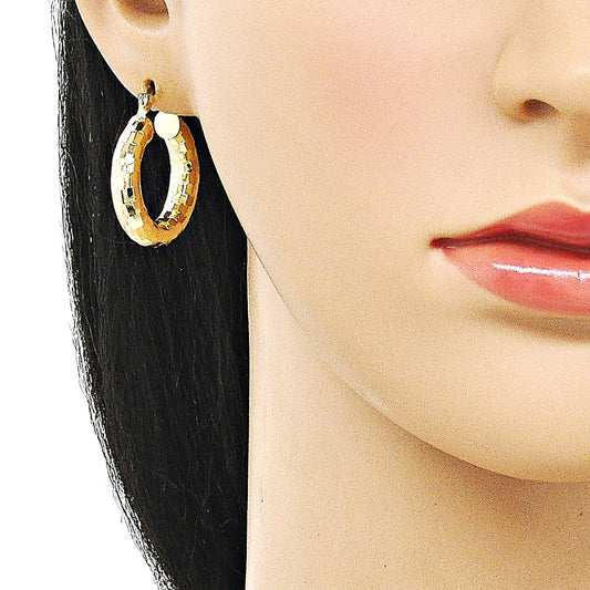 Oro Laminado Medium Hoop, Gold Filled Style Hollow Design, Diamond Cutting Finish, Golden Finish
