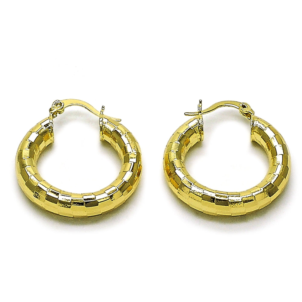 Oro Laminado Medium Hoop, Gold Filled Style Hollow Design, Diamond Cutting Finish, Golden Finish