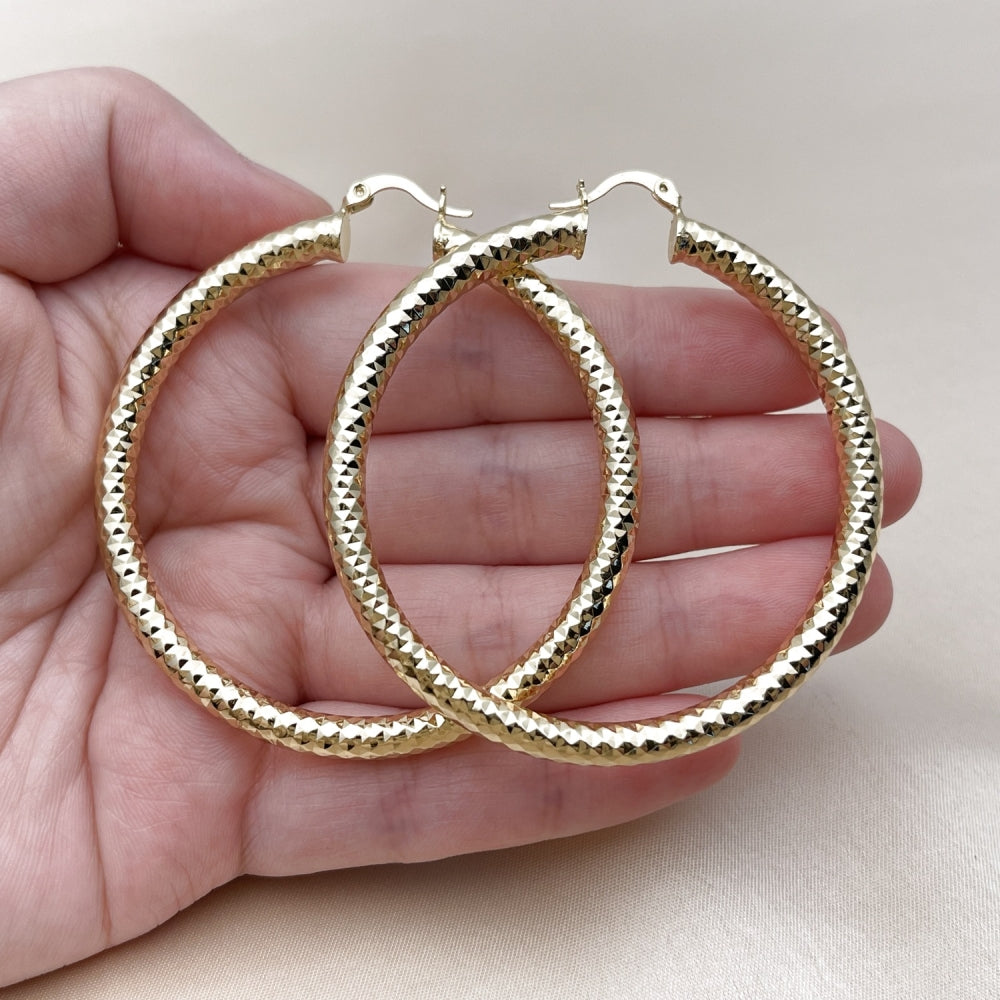 Oro Laminado Extra Large Hoop, Gold Filled Style Hollow Design, Diamond Cutting Finish, Golden Finish