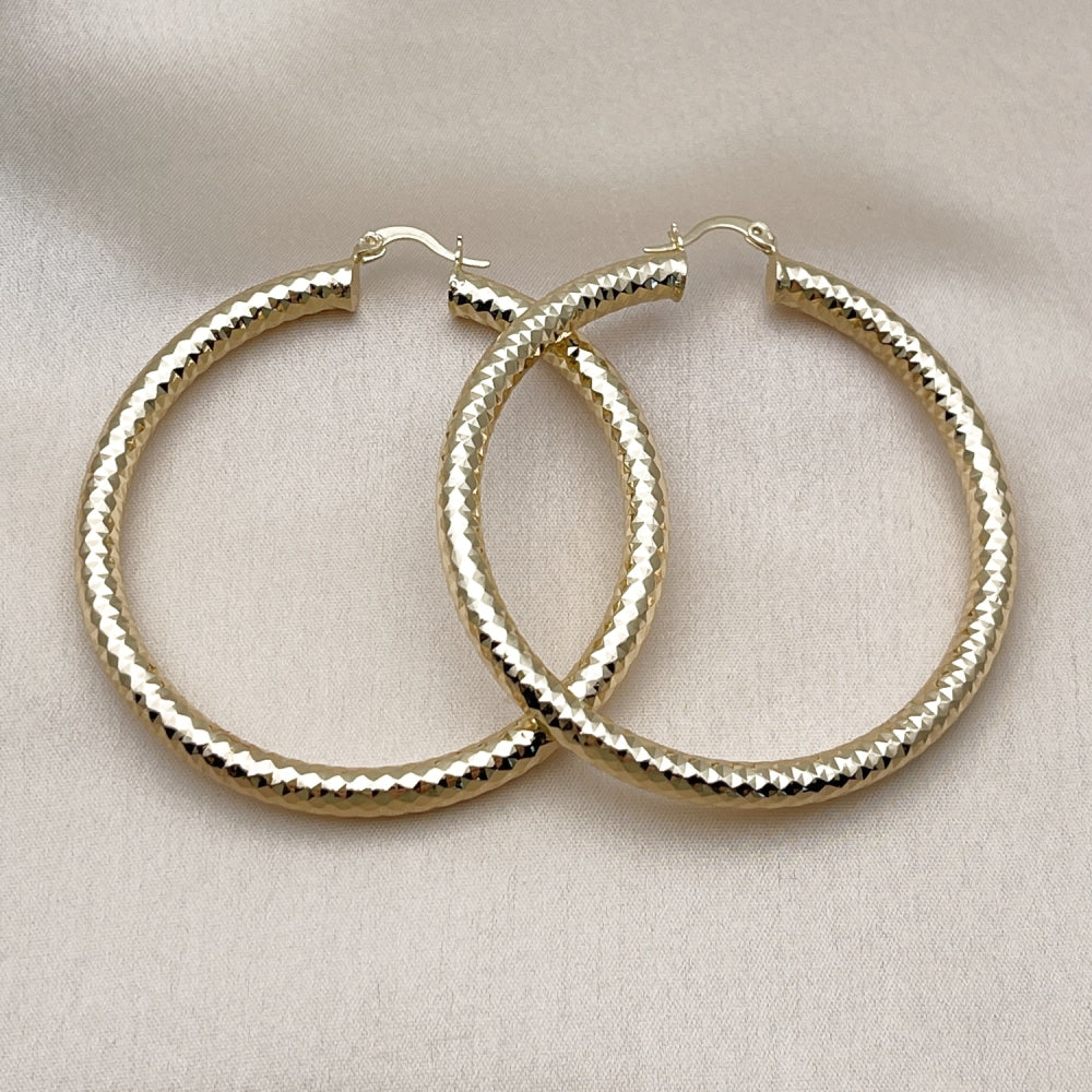 Oro Laminado Extra Large Hoop, Gold Filled Style Hollow Design, Diamond Cutting Finish, Golden Finish