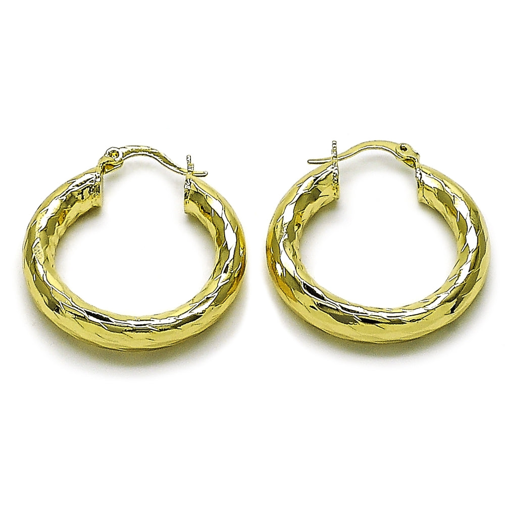 Oro Laminado Medium Hoop, Gold Filled Style Hollow Design, Diamond Cutting Finish, Golden Finish
