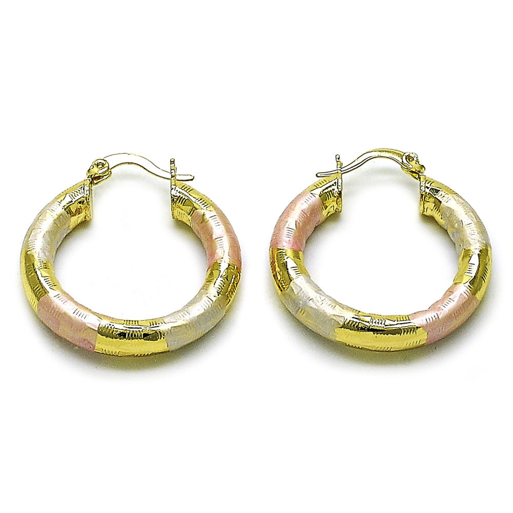 Oro Laminado Medium Hoop, Gold Filled Style Hollow Design, Diamond Cutting Finish, Tricolor