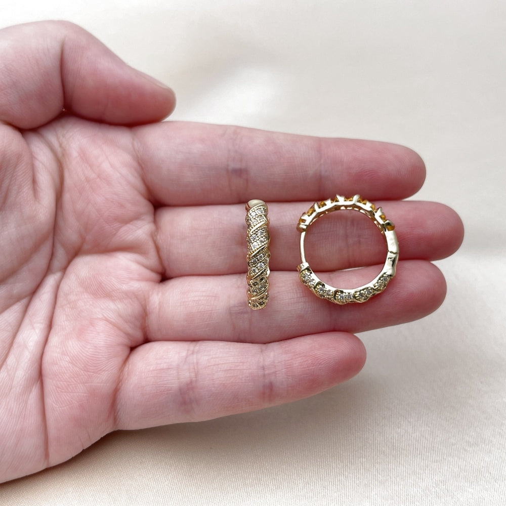 Oro Laminado Huggie Hoop, Gold Filled Style Twist Design, with White Micro Pave, Polished, Golden Finish