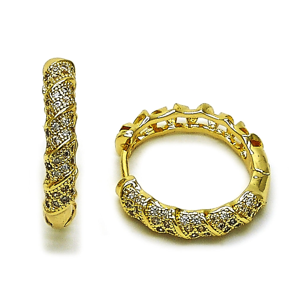 Oro Laminado Huggie Hoop, Gold Filled Style Twist Design, with White Micro Pave, Polished, Golden Finish