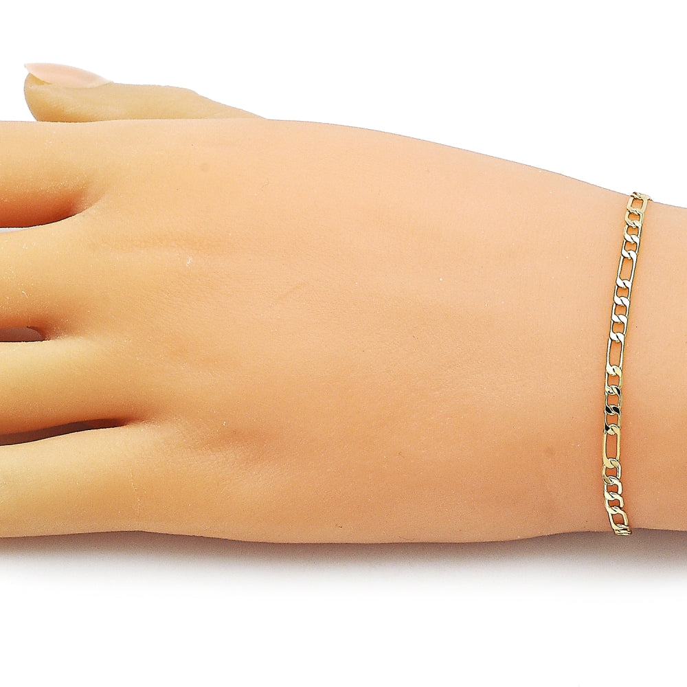 Oro Laminado Basic Bracelet, Gold Filled Style Figaro Design, Diamond Cutting Finish, Golden Finish