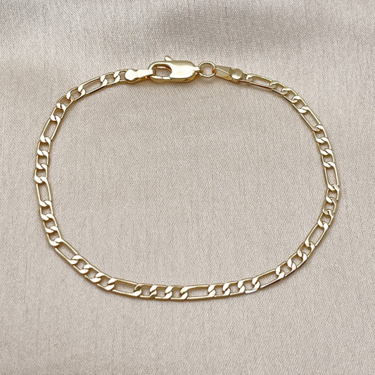 Oro Laminado Basic Bracelet, Gold Filled Style Figaro Design, Diamond Cutting Finish, Golden Finish