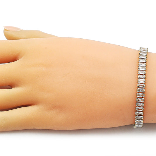Oro Laminado Tennis Bracelet, Gold Filled Style Baguette Design, with White Cubic Zirconia, Polished, Golden Finish