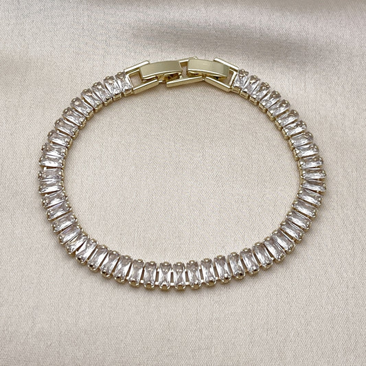 Oro Laminado Tennis Bracelet, Gold Filled Style Baguette Design, with White Cubic Zirconia, Polished, Golden Finish