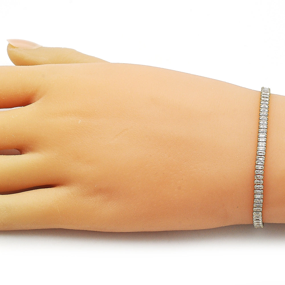 Oro Laminado Tennis Bracelet, Gold Filled Style Baguette Design, with White Cubic Zirconia, Polished, Golden Finish