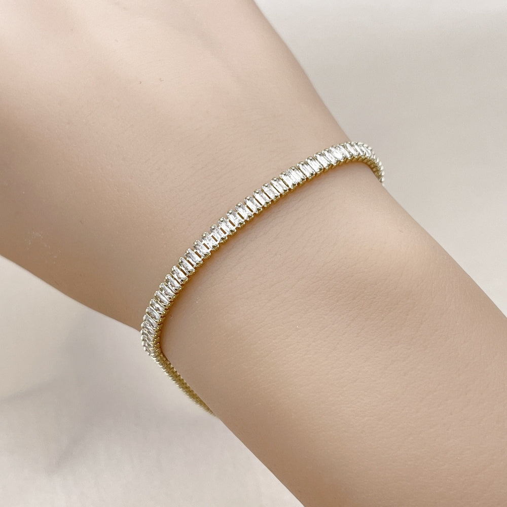 Oro Laminado Tennis Bracelet, Gold Filled Style Baguette Design, with White Cubic Zirconia, Polished, Golden Finish