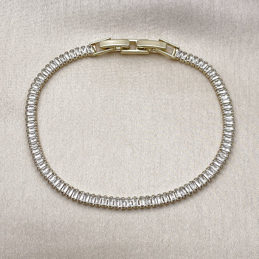 Oro Laminado Tennis Bracelet, Gold Filled Style Baguette Design, with White Cubic Zirconia, Polished, Golden Finish
