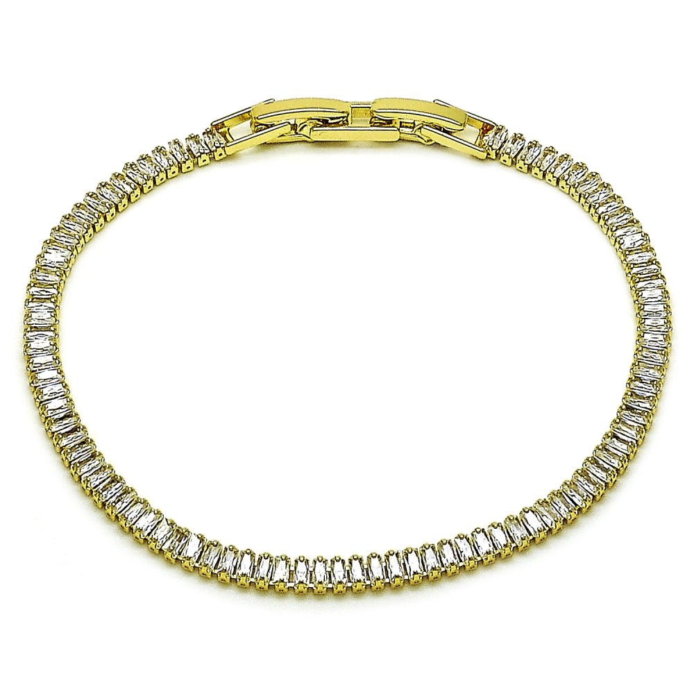 Oro Laminado Tennis Bracelet, Gold Filled Style Baguette Design, with White Cubic Zirconia, Polished, Golden Finish